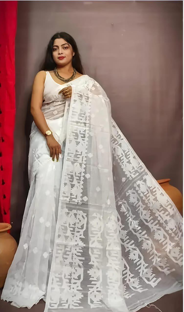 White Body Masline Jamdani Saree - Image 2