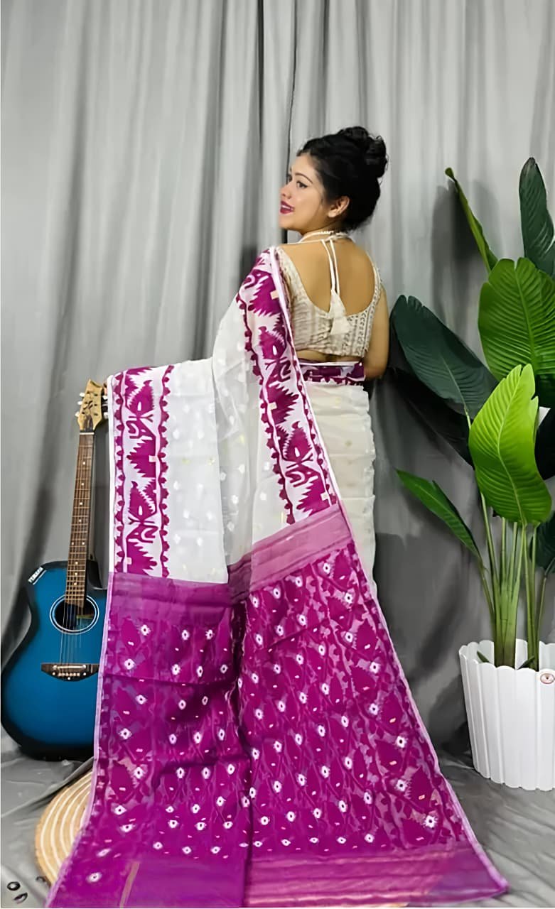 Pradip Soft White Majenda Jamdani Saree - Image 3