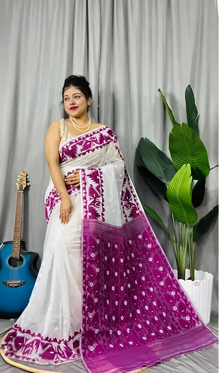 Pradip Soft White Majenda Jamdani Saree
