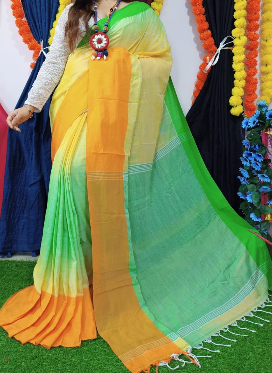 Mahapar 3D Cotton Green Yellow Soft Saree