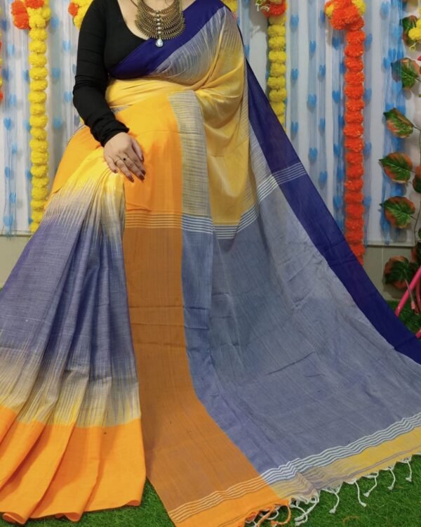 Mahapar 3D Cotton Blue Yellow Soft Saree
