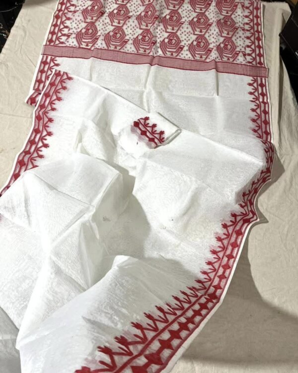 Bady Plain Soft White Red Jamdani Saree