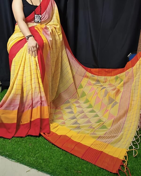 Borfi Ikkat Cotton Yellow Soft Saree