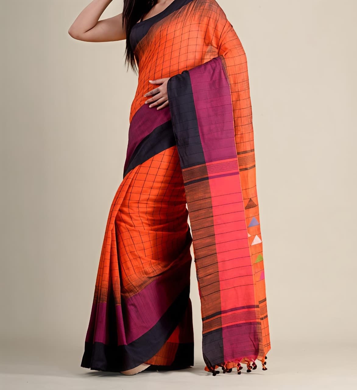 Borfi Ikkat Cotton Orange Soft Saree - Image 2