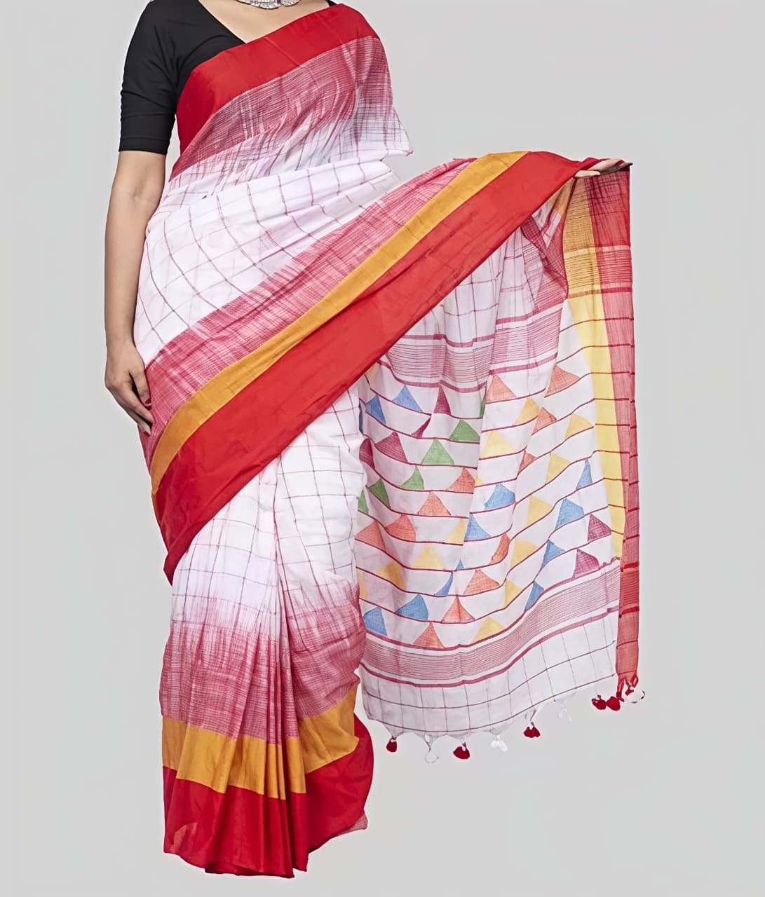 Borfi Ikkat Cotton White Red Soft Saree