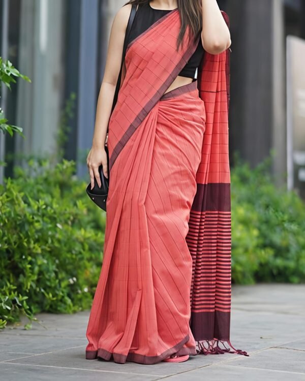 Manjuri Chek Cotton Peach Soft Saree
