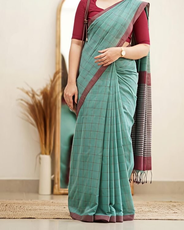 Manjuri Chek Cotton Mint Green Soft Saree