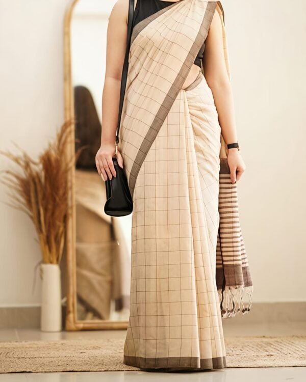 Manjuri Chek Cotton Light Brown Black Soft Saree