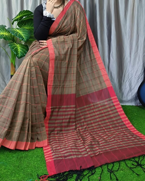 Manjuri Chek Cotton Brown Soft Saree