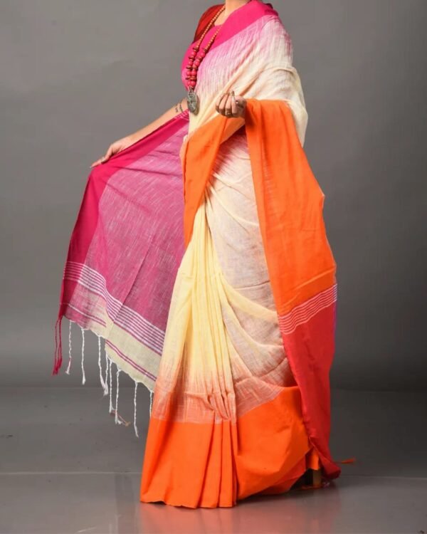 Mahapar 3D Cotton Cream Orange Pink   Firoja Soft Saree