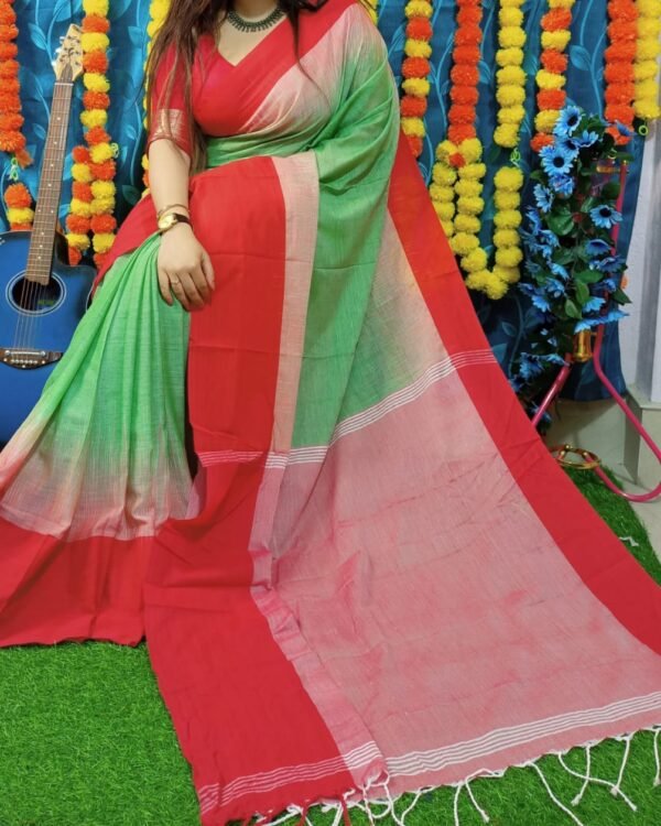 Mahapar 3D Cotton Green Red Soft Saree