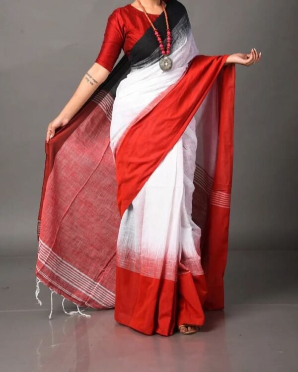 Mahapar 3D Cotton White Red Black Soft Saree
