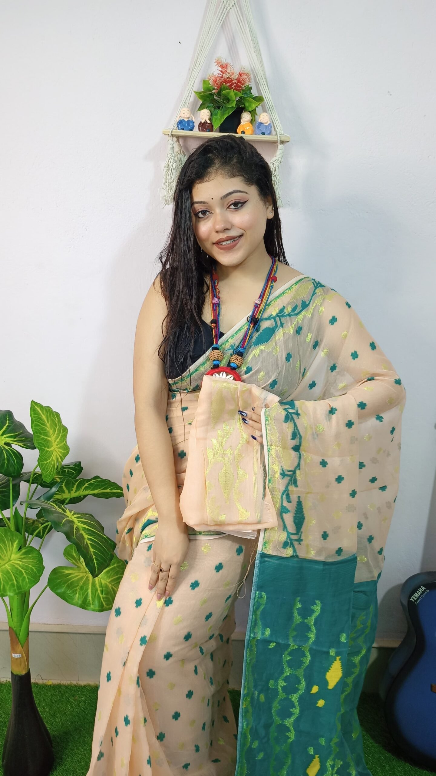 Achol Jori Soft Cream Green Jamdani Saree - Image 3