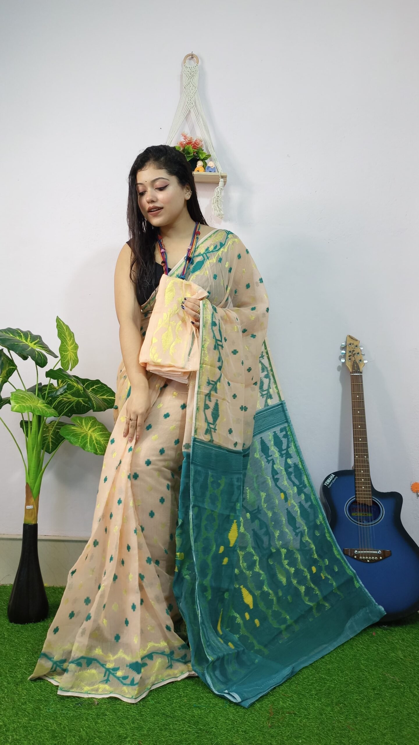 Achol Jori Soft Cream Green Jamdani Saree