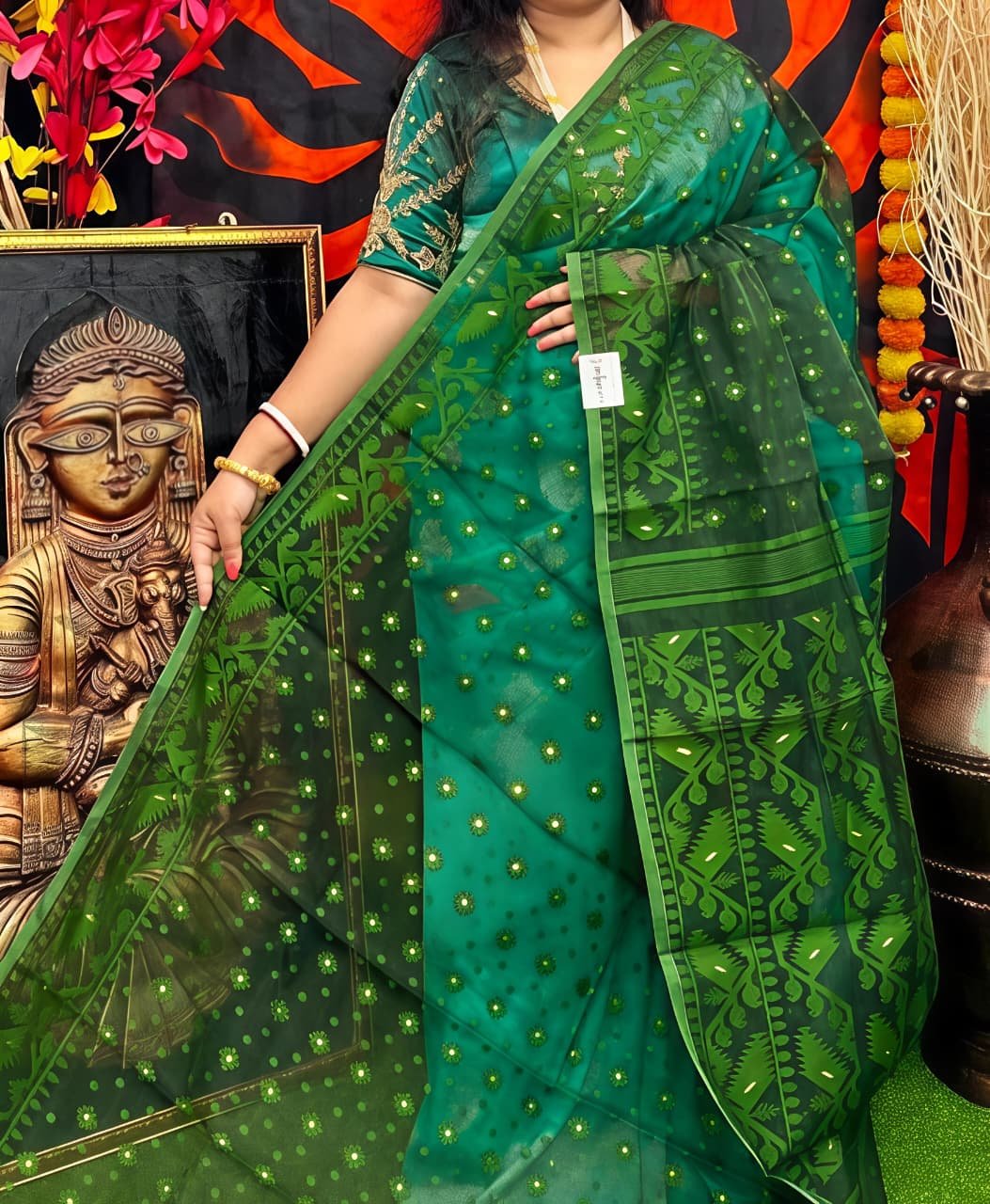 Karat Buti Soft Bttol Green Jamdani Saree