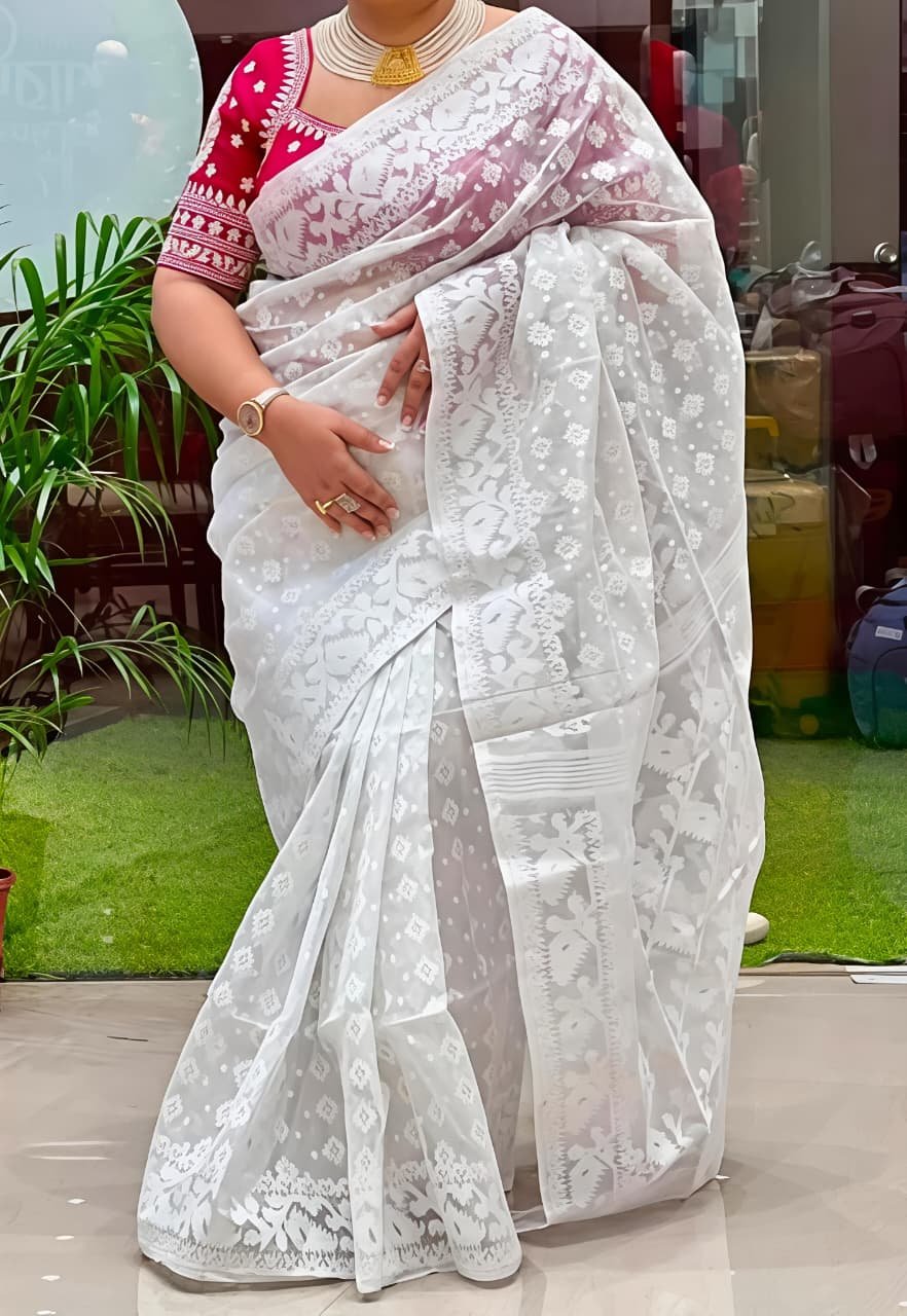 Karat Buti Soft White Self Jamdani Saree