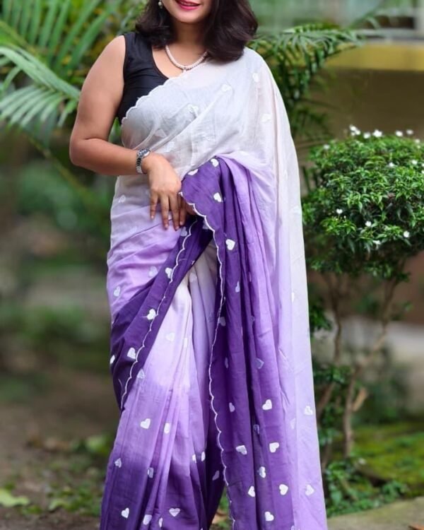 3D Mal Cotton White Purple Soft Saree
