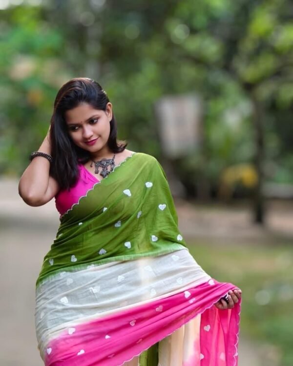 3D Mal Cotton White Pasta Pink Soft Saree