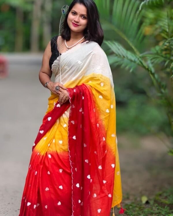 3D Mal Cotton White Red Yellow Soft Saree