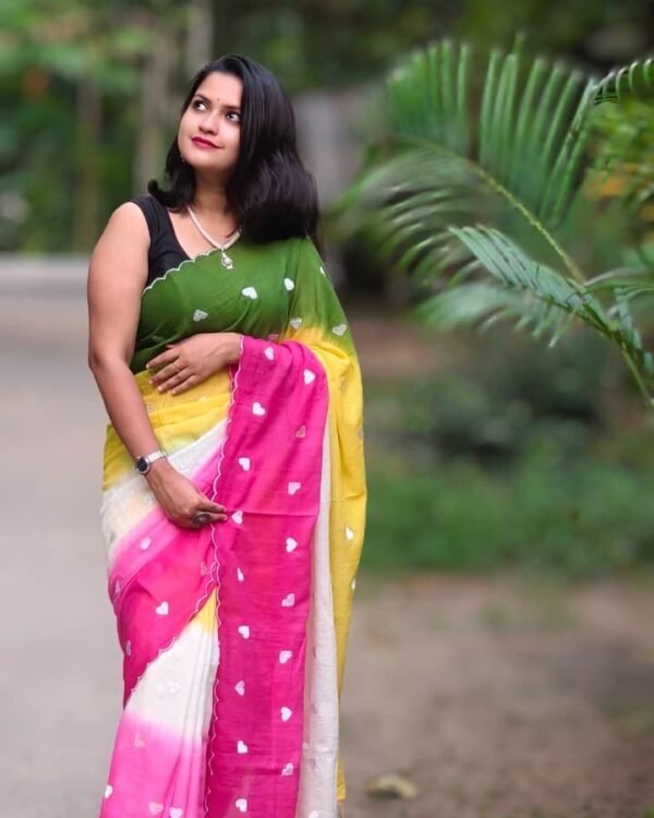 3D Mal Cotton White Pasta Pink Yellow Soft Saree