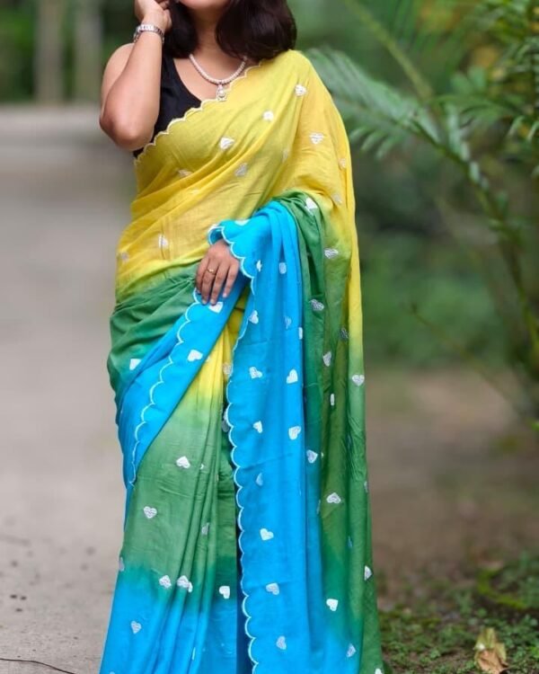 3D Mal Cotton Yellow Blue Soft Saree