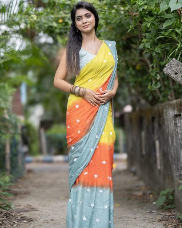3D Mal Cotton Yellow Orange Soft Saree