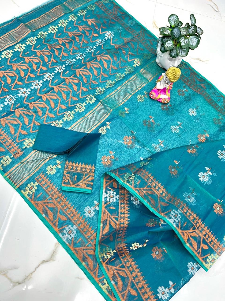 Flower Jori Soft Raja Green Jamdani Saree