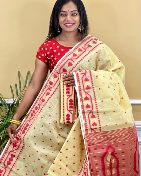 Contest Achol Soft Cream Red Jamdani Saree