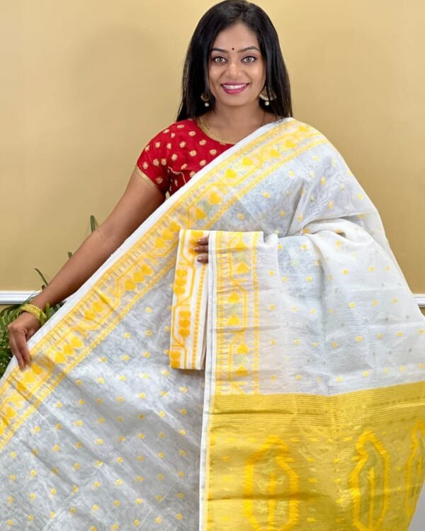 Contest Achol Soft White Yellow Jamdani Saree