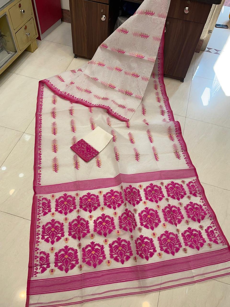 BD Soft White Pink Jamdani Saree