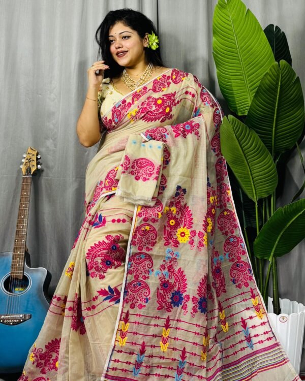 Par Kolka Soft Ghiye Rani Jamdani Saree