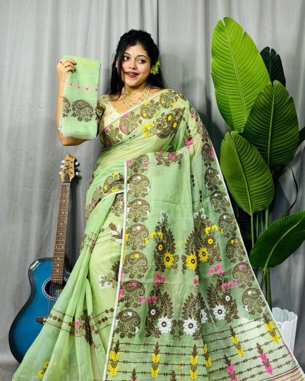 Par Kolka Soft Olive Green Jamdani Saree