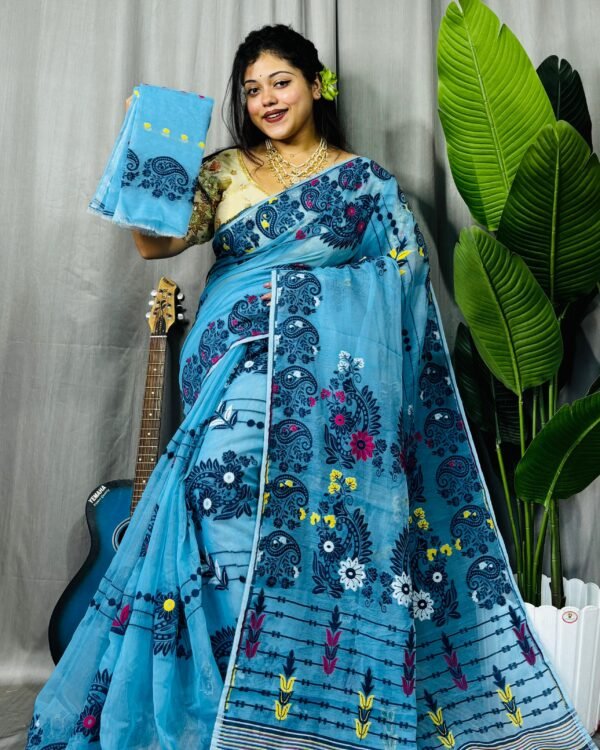 Par Kolka Soft Sky Blue Jamdani Saree