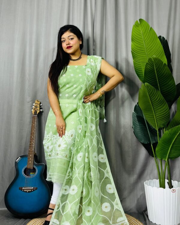 Sunflower Olive Unstitched 2 Piece Jamdani Suit Set