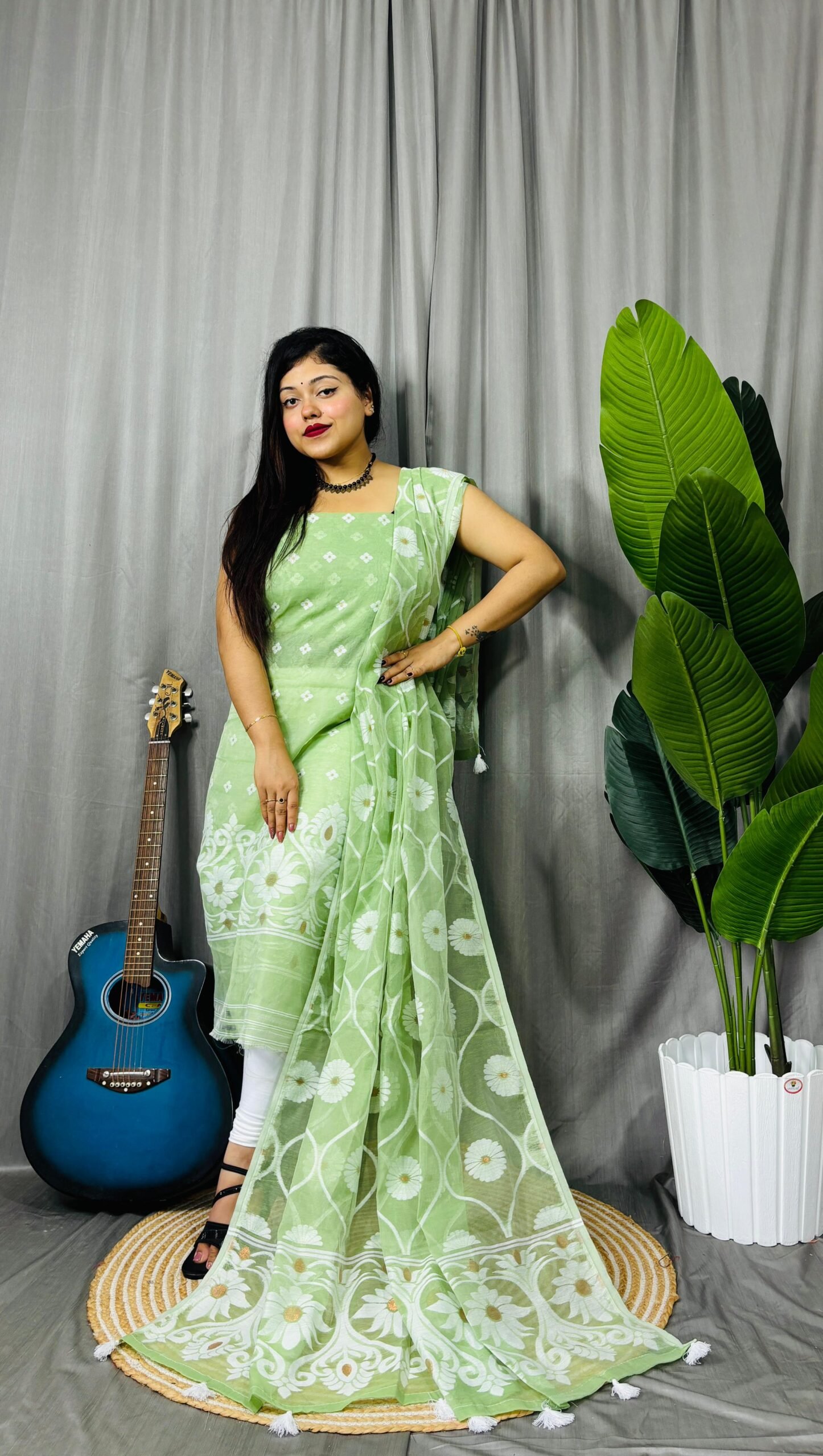 Sunflower Olive Unstitched 2 Piece Jamdani Suit Set