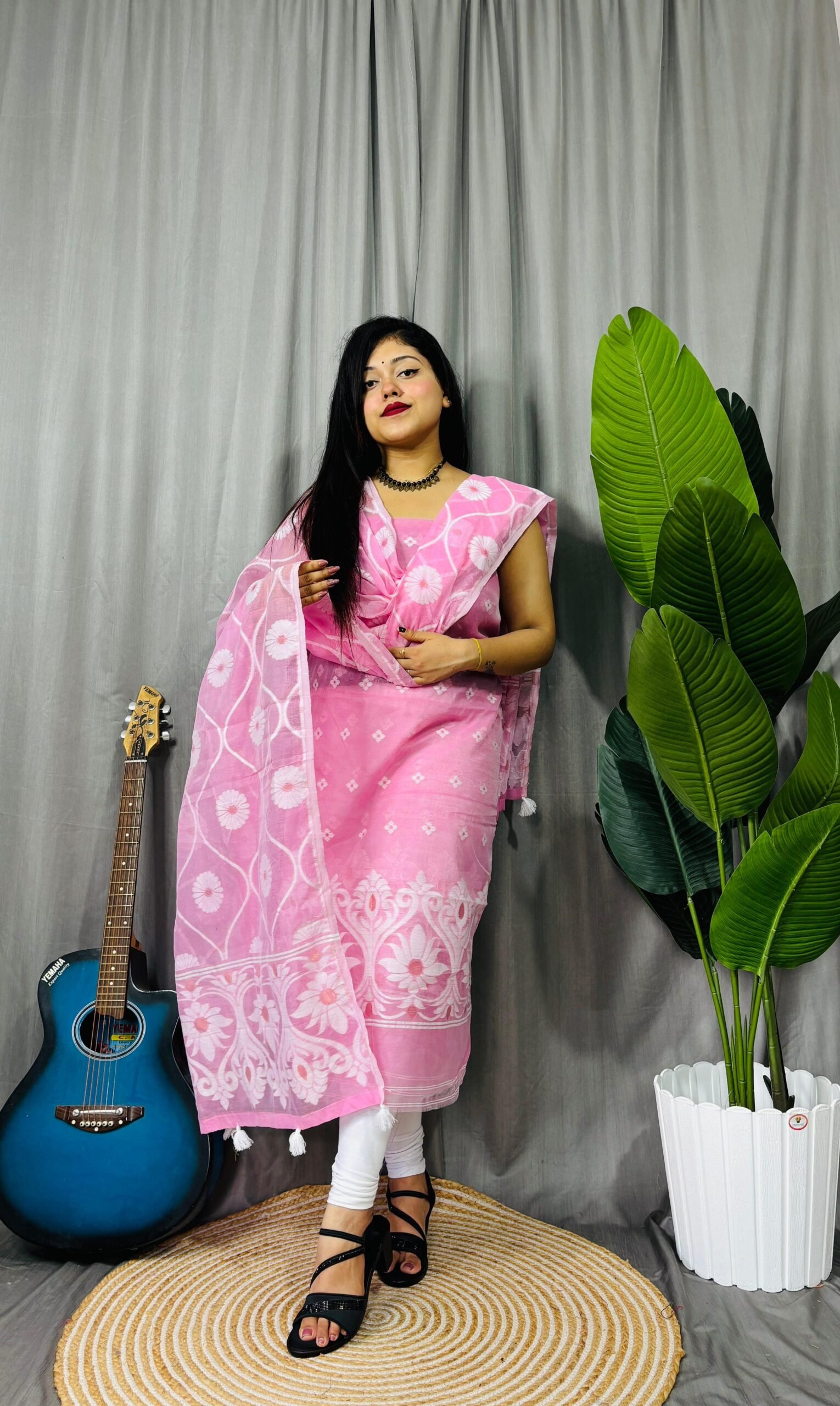 Sunflower Pink Unstitched 2 Piece Jamdani Suit Set