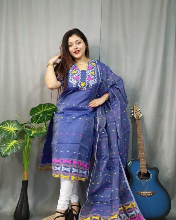 Small Buti Blue Unstitched 2 Piece Jamdani Suit Set