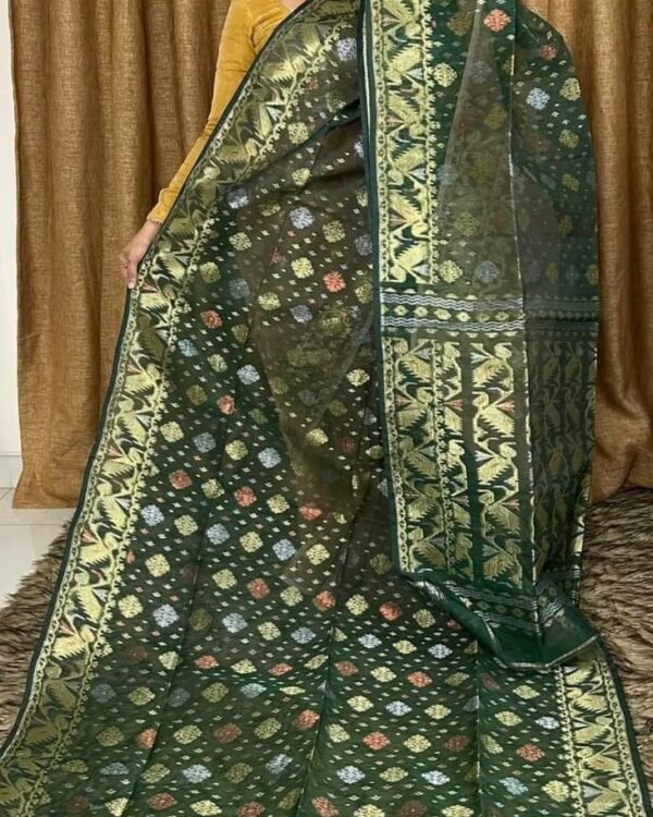 Chakro Jori Soft Bottol Green Jamdani Saree