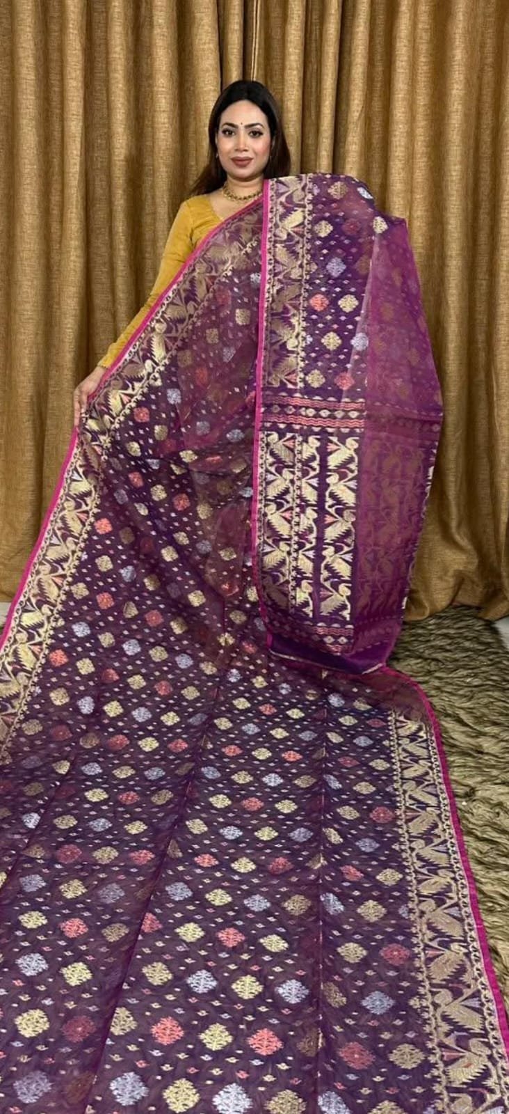 Chakro Jori Soft Deep Majenda Jamdani Saree