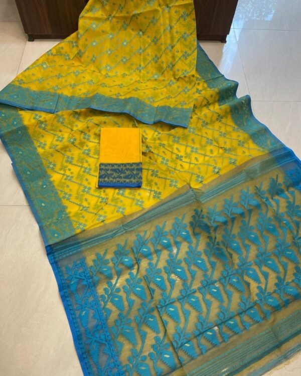 Jashmin Soft Yellow Blue Jamdani Saree