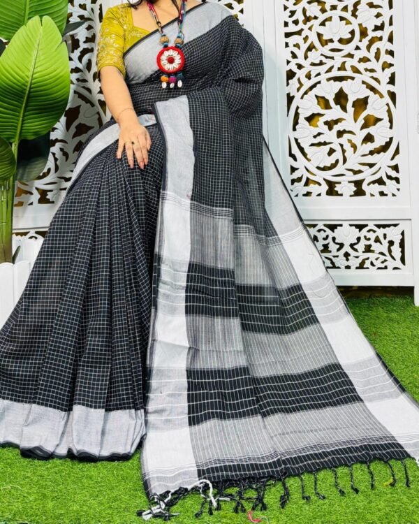 Border Mini Chek Black White Soft Cotton Saree