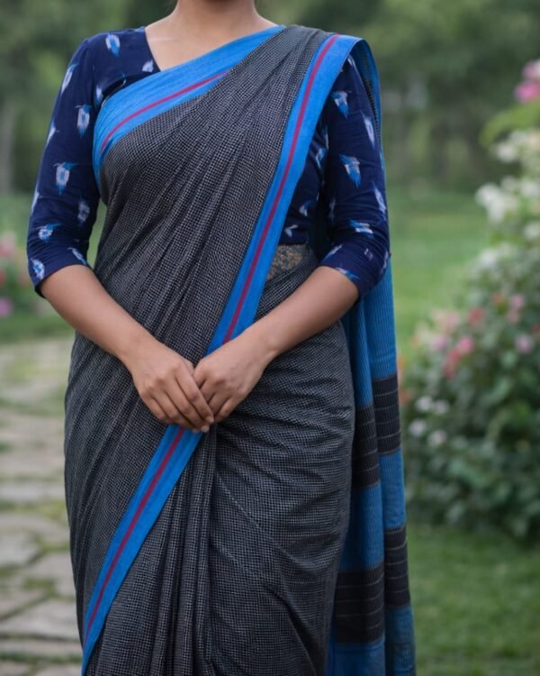 Border Mini Chek Black Blue Soft Cotton Saree