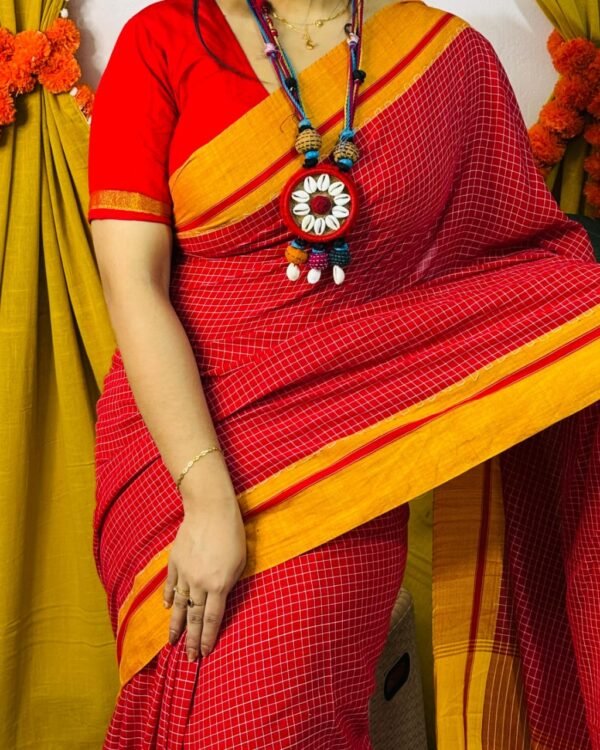Border Mini Chek Red Yellow Soft Cotton Saree