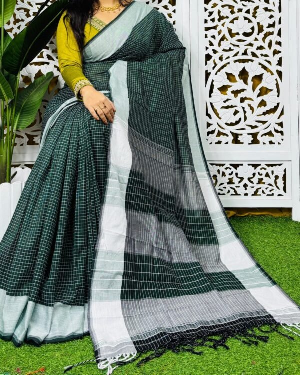 Border Mini Chek Bottol Green Soft Cotton Saree