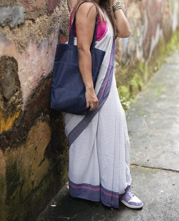 Border Mini Chek White Soft Cotton Saree