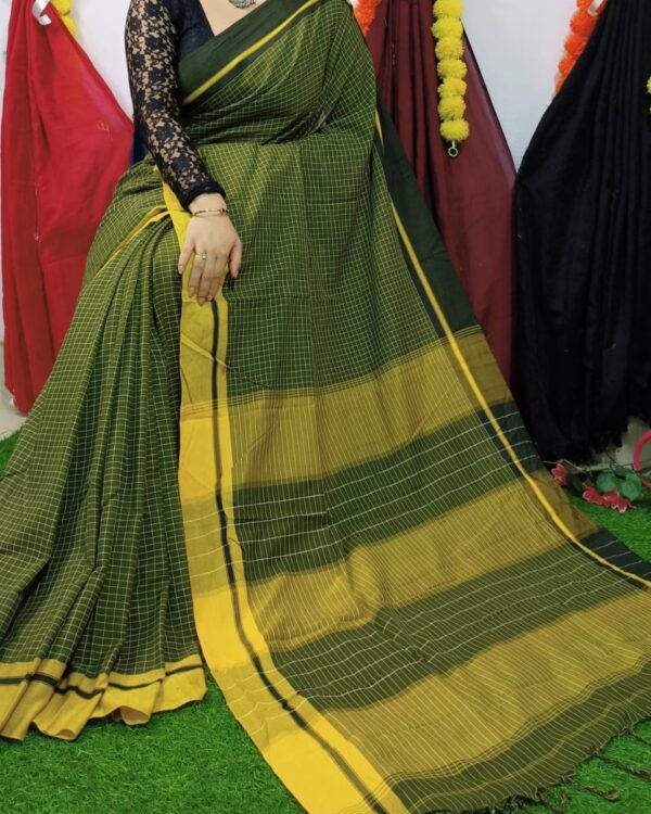 Border Mini Chek Pasta Soft Cotton Saree