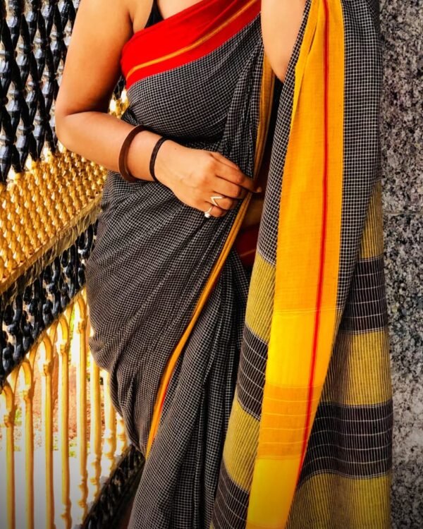 Border Mini Chek Black Yellow Soft Cotton Saree