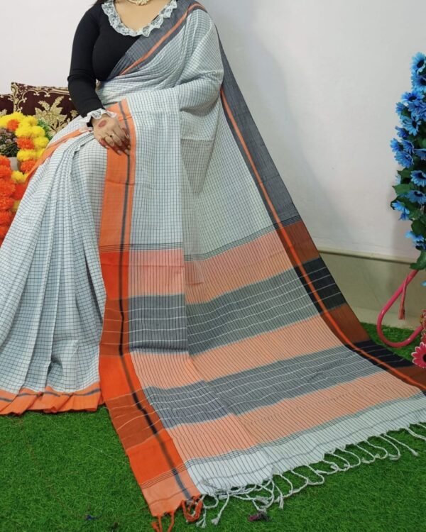 Border Mini Chek White Orange Soft Cotton Saree