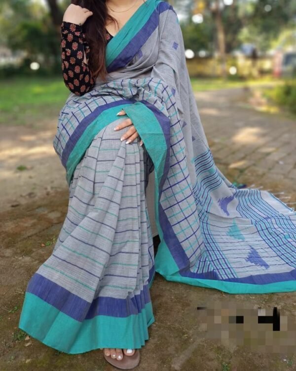 Buti Chek Soft Grey Cotton Saree
