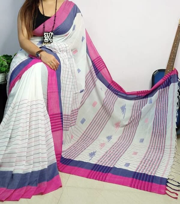 Buti Chek Soft White Cotton Saree